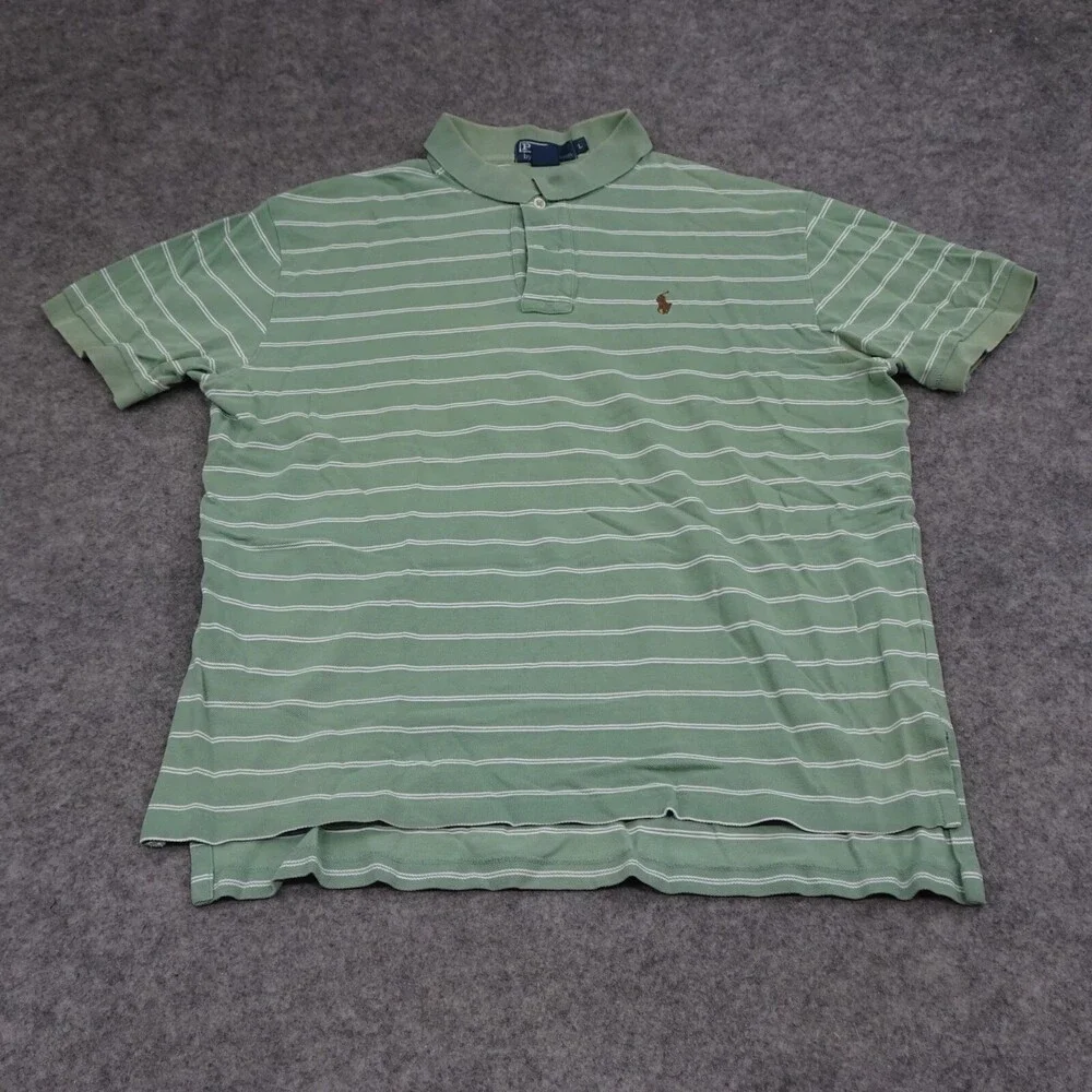Ralph Lauren Polo Shirt Mens Large L Green Short Sleeve Striped Cotton Pony